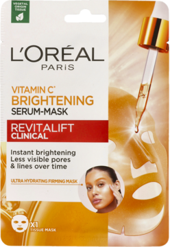 L'Oréal Paris Revitalift Clinical Vitamin C Serum-Mask, biała saszetka z pomarańczowo-złotym tłem, widok z przodu.