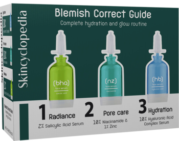 Skincyclopedia Blemish Correct Guide, zestaw 3 serum na niedoskonałości, w ciemnozielonym opakowaniu, widok z przodu.