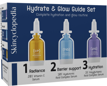 Zestaw Skincyclopedia Hydrate & Glow: 3 serum (wit. C, hialuronowy, poliglutaminowy) z pipetami w granatowym opakowaniu. Widok z przodu.