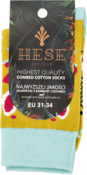 Złożone żółte skarpetki HESE Sox Club z bawełny czesanej, wzór w czerwone kwiaty, błękitny ściągacz, rozmiar EU 31-34.