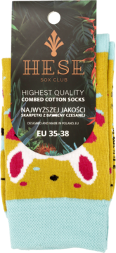 Żółte skarpetki HESE Sox Club z czesaną bawełną, wzorem uroczego zwierzęcia i rozmiarem EU 35-38 na etykiecie.