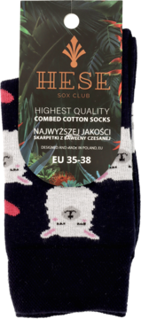Czarne skarpety HESE Sox Club z bawełny czesanej, ozdobione wzorem białych lam, prezentowane pionowo, rozmiar EU 35-38.