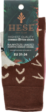 Brązowe skarpetki HESE z beżowymi wzorami, z zieloną metką "Highest Quality Combed Cotton Socks" i rozmiarem EU 31-34.