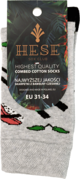 Szare skarpetki HESE SOX CLUB z bawełny czesanej, z tagiem w tropikalne liście, rozmiar EU 31-34, wyprodukowane w Polsce.
