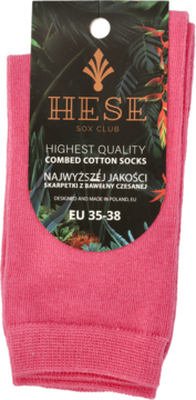 Różowe skarpetki HESE SOX CLUB z czesanej bawełny, rozmiar EU 35-38, złożone na czarnym tle.