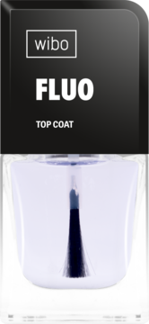 Wibo FLUO Top Coat, bezbarwny lakier fluorescencyjny, widok frontalny butelki z pędzelkiem.