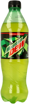 Butelka Mountain Dew Original Formula, zielony napój gazowany, czarna etykieta z geometrycznymi wzorami, widok z przodu.