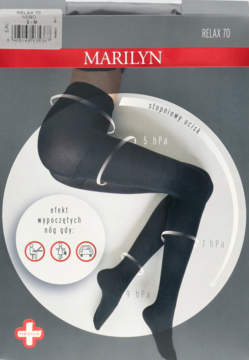 Opakowanie rajstop uciskowych Marilyn Relax 70 den czarnych, z ilustracją nóg i strefami kompresji.