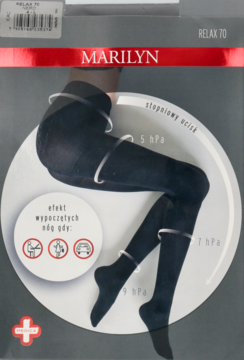 Front opakowania czarnych rajstop Marilyn Relax 70 z grafiką nóg, ilustrującą stopniowy ucisk. Red stripe u góry.