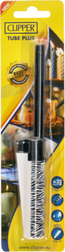 Zapalarka Clipper Tube Plus w żółtym opakowaniu blister, z przedłużoną czarną tubą i biało-czarnym wzorem.