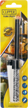 Zapalarka Clipper Tube Plus w żółtym opakowaniu blister, z przedłużoną czarną tubą i biało-czarnym wzorem.