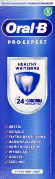 Oral-B Pro-Expert Healthy Whitening pasta do zębów w niebieskim opakowaniu, z przodu, z ikoną zęba i napisem Fresh Mint.