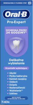 Niebieskie pudełko pasty Oral-B Pro-Expert 75ml z fluorkiem cyny, 'Ochrona 24h', 'Delikatne wybielanie'.