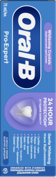 Front niebieskiego opakowania pasty Oral-B Pro-Expert Whitening, z fioletowym akcentem i napisem '24h Protection'.