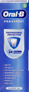 Niebieskie opakowanie pasty Oral-B Pro-Expert Professional Protection, front, z tarczą i zębem, smak Clean Mint.