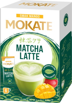 MOKATE ,napój w proszku, na bazie mleka i zielonej herbaty o smaku mango,przód