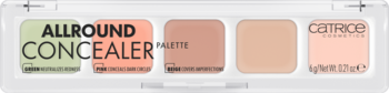 Catrice Allround Concealer Palette z pięcioma kremowymi odcieniami: zielony, łososiowy i trzy beżowe, widok z góry.