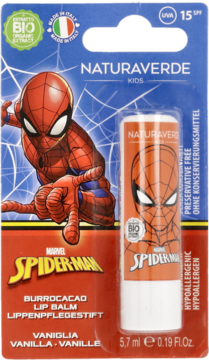 Naturaleverde Marvel Spider-Man waniliowy balsam do ust SPF 15 w opakowaniu blister, z wizerunkiem Spider-Mana.