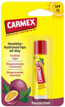 Carmex Passion Fruit nawilżający balsam do ust SPF 15 w żółtym opakowaniu, widok z przodu z grafiką owocu.