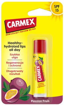Carmex Passion Fruit nawilżający balsam do ust SPF 15 w żółtym opakowaniu, widok z przodu z grafiką owocu.