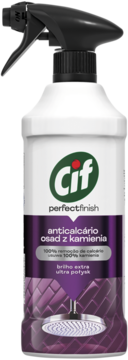 Cif Perfect Finish, biała butelka sprayu na kamień z czarnym atomizerem, fioletowa etykieta z prysznicem, przód.