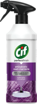 Cif Perfect Finish anticalcário osad z kamienia, biała butelka z czarnym sprayem, fioletowa etykieta z prysznicem.