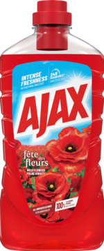 Czerwony płyn uniwersalny Ajax Floral Fiesta Red Flowers, butelka z etykietą z makami, widok z przodu.