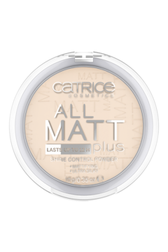 Catrice All Matt Plus Shine Control Powder, jasnobeżowy puder w okrągłym, białym kompakcie, widok z przodu.