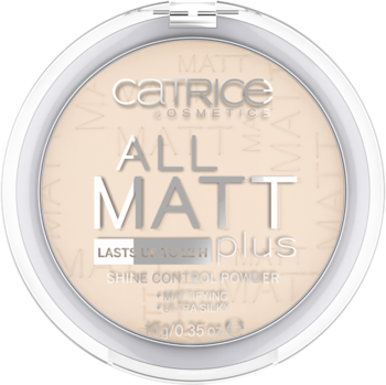 Catrice ALL MATT plus puder matujący, jasny beż, w otwartym białym kompakcie, widok z góry. Zapewnia matowe wykończenie.