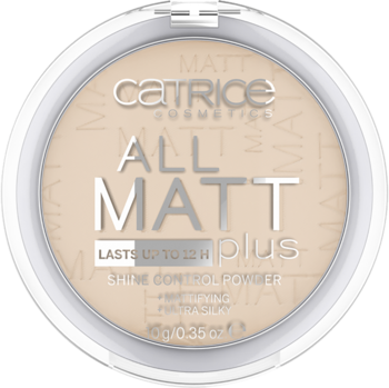 Catrice ALL MATT plus puder matujący w białym okrągłym opakowaniu z jasnym beżowym pudrem, widok z góry.