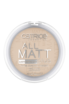 Puder prasowany Catrice ALL MATT plus Shine Control w okrągłym, białym kompakcie, widok z góry.