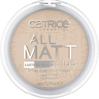 Catrice All Matt Plus Shine Control Powder w okrągłym, białym kompakcie, jasnobeżowy, matujący, widok z góry.