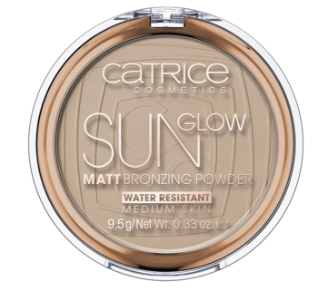 Puder brązujący Catrice Sun Glow Matt w okrągłej beżowo-srebrnej kasetce, widok z góry.