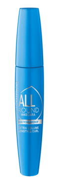 Niebieska wodoodporna maskara All Round, widok z przodu, z białym napisem 'Extra Volume Length & Curl'.