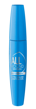 Niebieska wodoodporna maskara All Round, widok z przodu, z białym napisem 'Extra Volume Length & Curl'.
