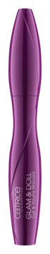 Mascara CATRICE Glam & Doll Curl & Volume w lśniącej purpurowej butelce o falistym kształcie, widok z przodu.