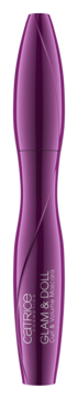 Mascara CATRICE Glam & Doll Curl & Volume w lśniącej purpurowej butelce o falistym kształcie, widok z przodu.