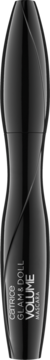 Pionowy, czarny tusz Catrice Glam & Doll Volume Mascara w wygiętej butelce, z widocznymi białymi napisami.