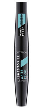 Czarna wodoodporna mascara Catrice Lashes To Kill Volume z turkusowymi akcentami, widok z przodu.