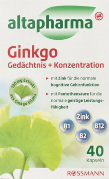 Białe opakowanie altapharma Ginkgo na pamięć z zielonym liściem, 40 kapsułek i piktogramami witamin B i cynku.