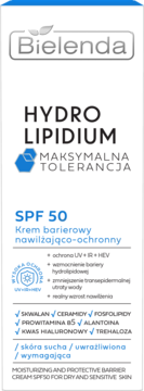 Bielenda Hydro Lipidum SPF 50, krem nawilżająco-ochronny, białe opakowanie z niebieskim tekstem, widok z przodu.