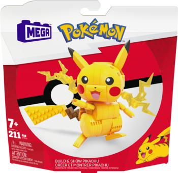 MEGA Pokémon zestaw konstrukcyjny Pikachu, żółta figurka na czerwono-białym pudełku, 211 elementów.