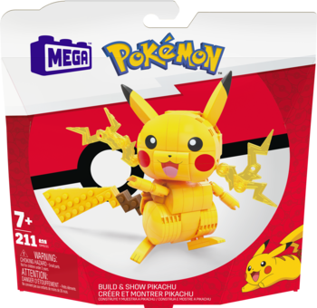 MEGA Pokémon zestaw konstrukcyjny Pikachu, żółta figurka na czerwono-białym pudełku, 211 elementów.