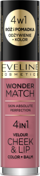 Eveline Wonder Match 4in1 Velour Cheek & Lip Color + Balm, różowa tubka z czarną nakrętką, widok z przodu.