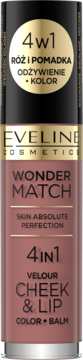 Eveline Wonder Match 4in1 Velour Cheek & Lip Color Balm w różowo-brązowej tubce, matowe wykończenie.
