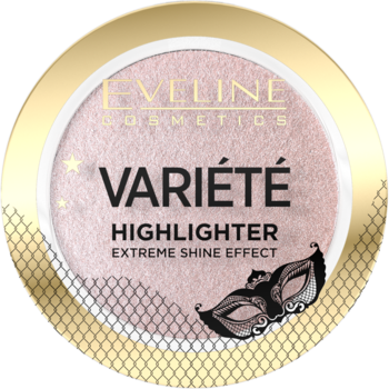 Rozświetlacz Eveline Variété, okrągły, różowy, błyszczący puder w złotym opakowaniu z napisem "Extreme Shine Effect", widok z góry.