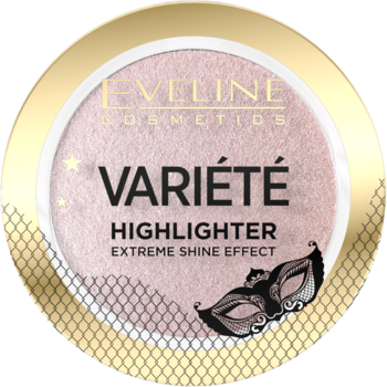 Rozświetlacz Eveline Variété, okrągły, różowy, błyszczący puder w złotym opakowaniu z napisem "Extreme Shine Effect", widok z góry.
