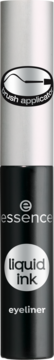Czarny eyeliner Essence Liquid Ink z ultra cienkim aplikatorem, podłużne opakowanie ze srebrną zakrętką.