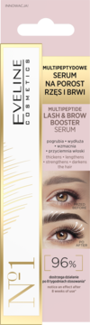 Eveline Multi-peptide Lash & Brow Booster Serum, biało-złote opakowanie, widoczne efekty przed/po.