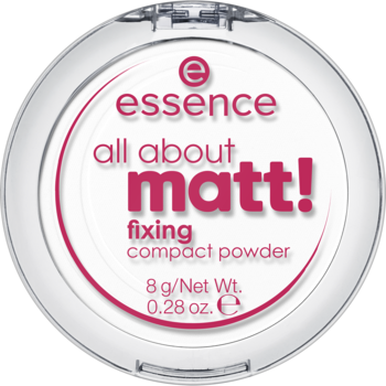 Okrągły biały puder Essence All About Matt! fixing compact powder, widok z góry, różowy napis.